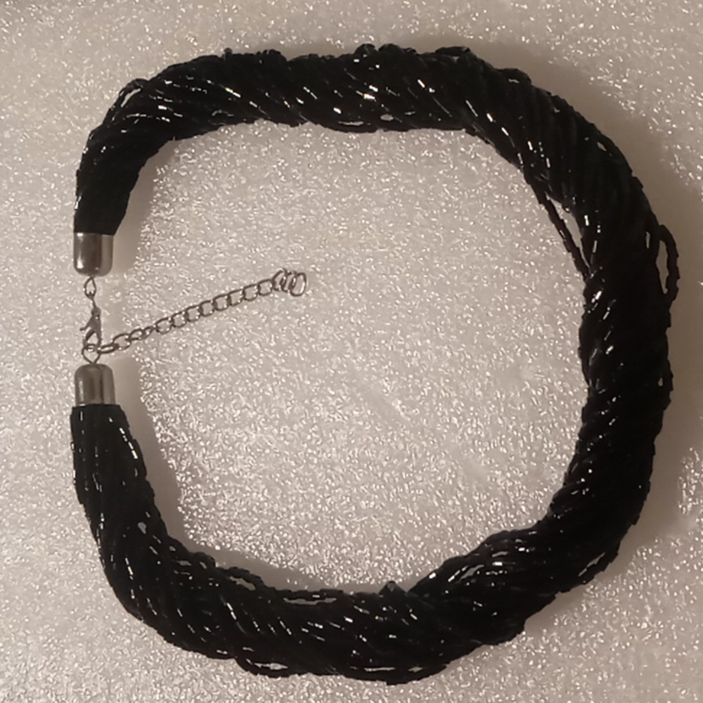 Vintage Black beaded multi layered 18 +2 in long collar necklace.